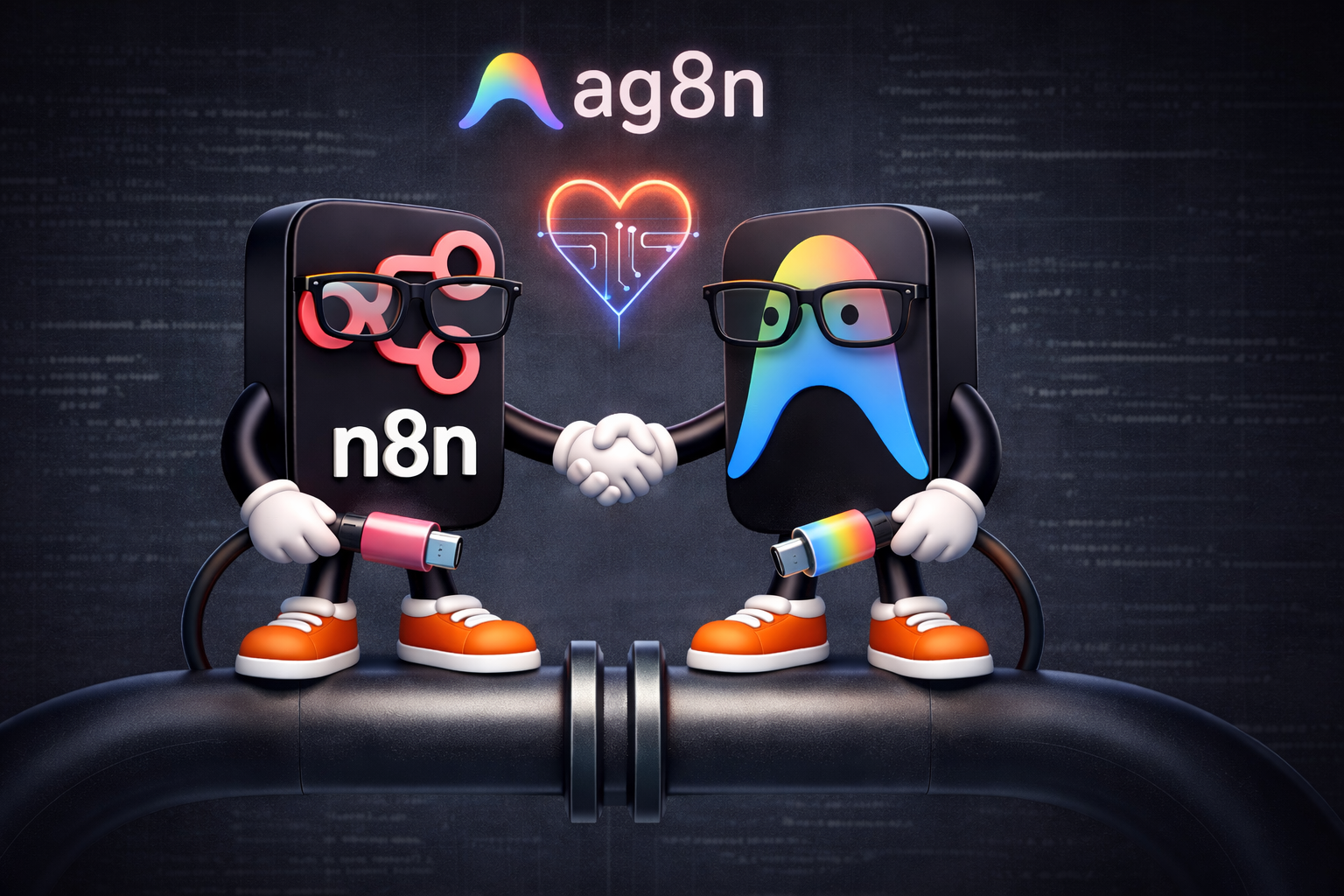 Antigravity and n8n mascots shaking hands